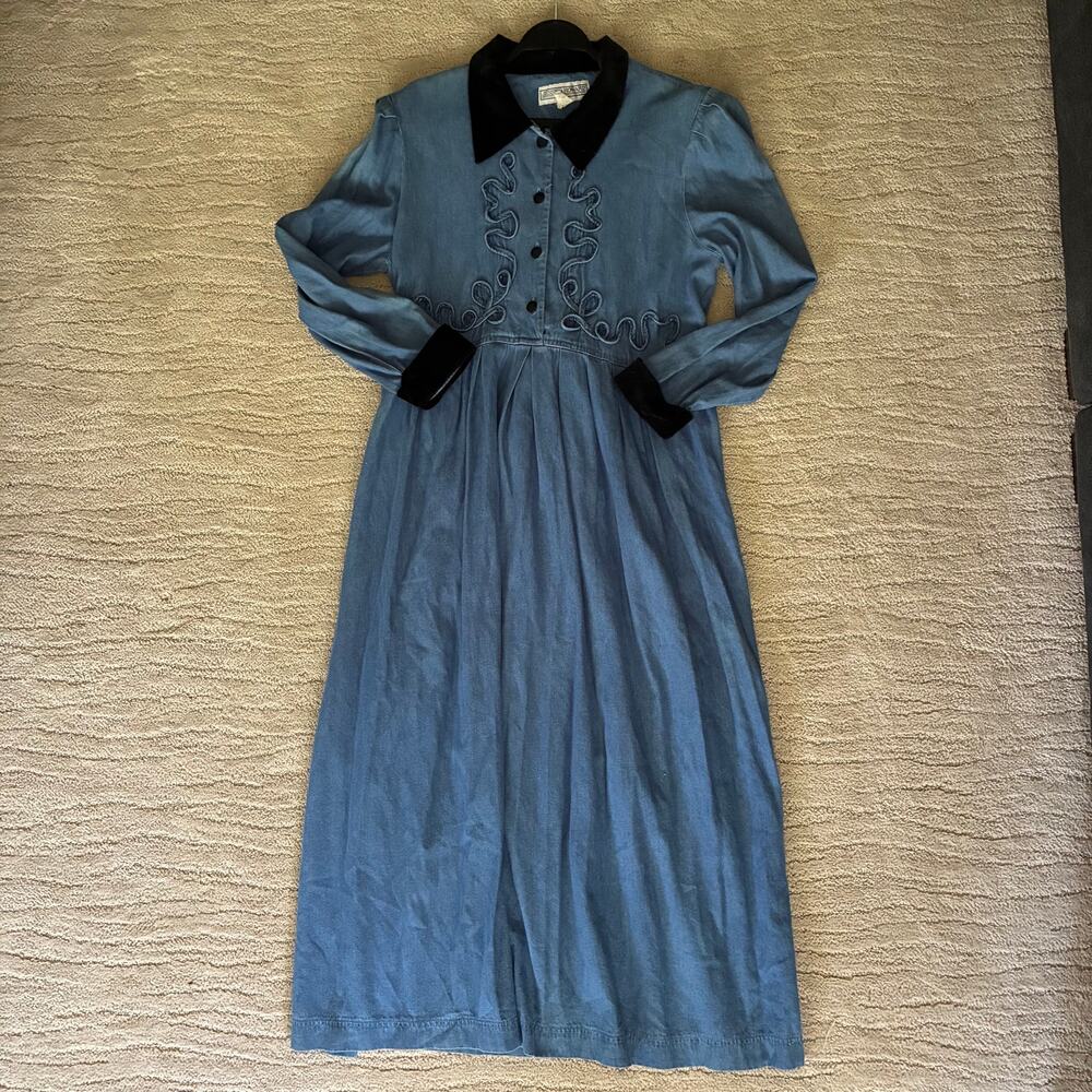 Vintage 80s-90s Jessica Howard 12 Denim Chambray Cottagecore Velvet Collar Dress